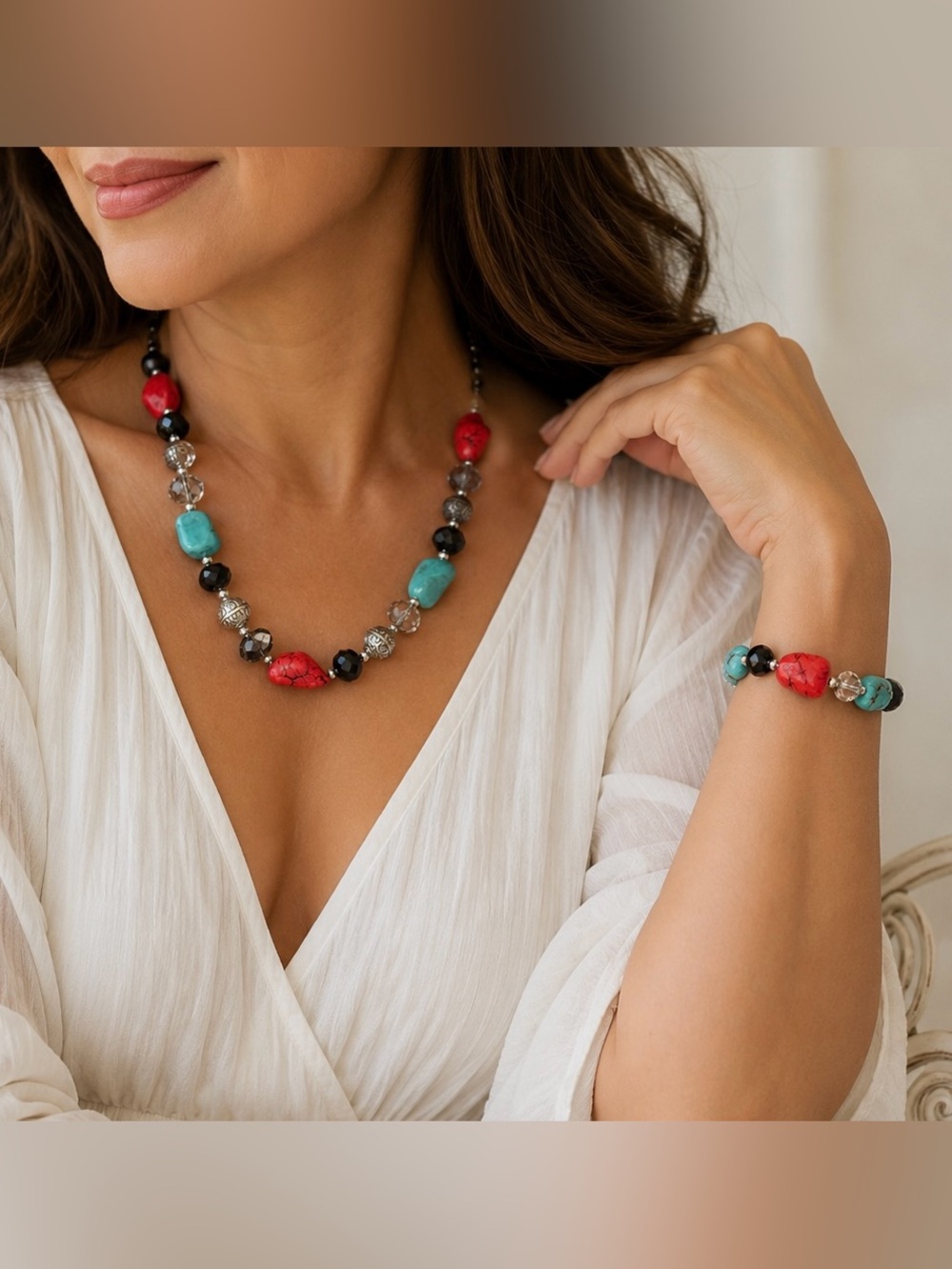 Blue/Red Turquoise with crystals & silver Necklace + Bracelet Set